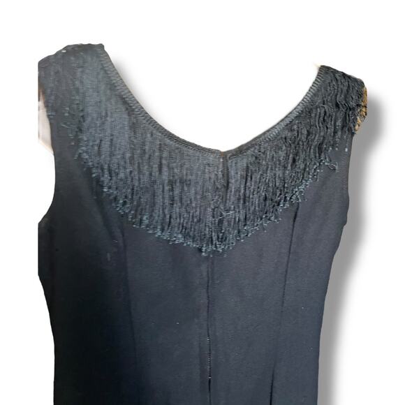 1960s Black Fringe Flapper Dress Wool Feel 1920s Style Goth Glam - Picture 7 of 8